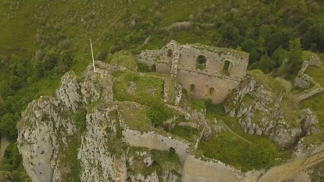 Aerial view of the ruins of a 13th century French fortress built on top of a rocky cliff that provided refuge to the Cathers during the Cather Wars.