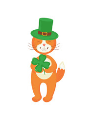 A happy ginger cat in a green hat with a four-leaf clover in his hands celebrates St. Patrick's Day