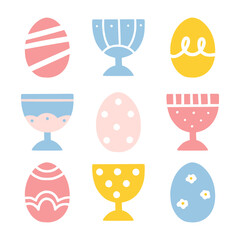 Modern set of 5 easter eggs in 4 eggcups with different ornaments. Good for greeting cards, banners, invitations, flyers.