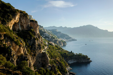 Fototapeta na wymiar Panoramic view of the Amalfi coast. Clear sky. Beautiful sea view