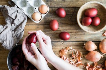 Dyed Easter eggs painted with natural dye onion