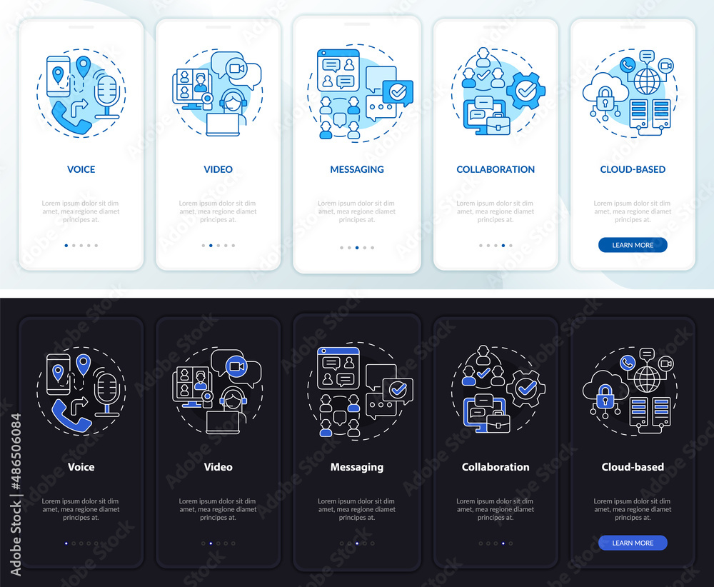 Poster ucaas functions night and day mode onboarding mobile app screen. service walkthrough 5 steps graphic