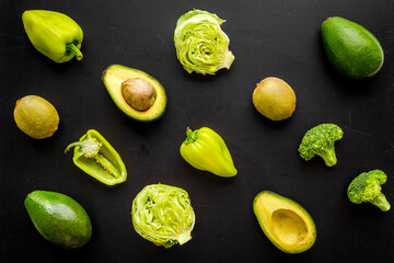 Pattern of green ready to eat vegetables and fruits, top view