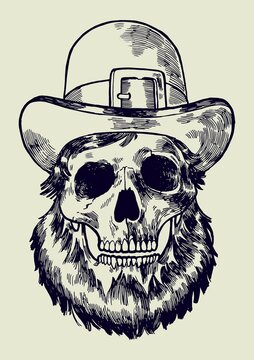 Leprechaun skull. Vintage drawing of human skull with a beard in a top hat. St. Patrick's day character vector illustration isolated.