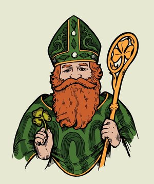 St.Patrick. Irish apostle with a staff and clover leaf. St. Patrick's day catholic character isolated vector illustration.