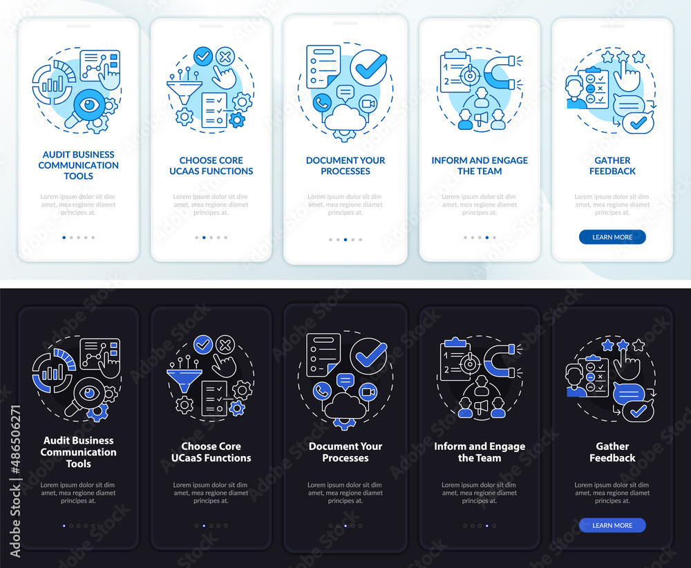 Aufkleber how to move to ucaas night and day mode onboarding mobile app screen. walkthrough 5 steps graphic in