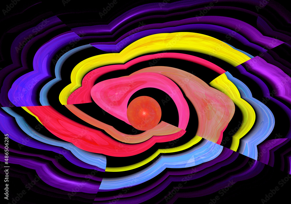 Poster colorful wavy elements diverge in different directions from a red ball on a black background. bright