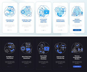 UCaaS benefits night and day mode onboarding mobile app screen. Business walkthrough 5 steps graphic instructions pages with linear concepts. UI, UX, GUI template. Myriad Pro-Bold, Regular fonts used