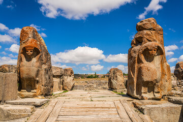 Ancient gate entrance with sphinx from the Hittite period in Alacahoyuk. Corum, Turkey.