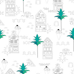 European black and white houses seamless pattern. Vector linear illustration on white background for paper and wallpaper.