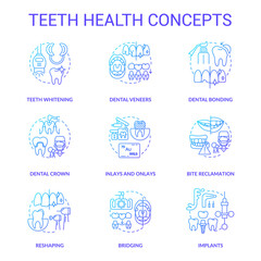 Teeth health blue gradient concept icons set. Regular dental visit idea thin line color illustrations. Bite reclamation. Teeth whitening. Isolated symbols. Roboto-Medium, Myriad Pro-Bold fonts used