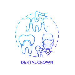 Dental crown blue gradient concept icon. Cosmetic dentistry type abstract idea thin line illustration. Worn out and damaged teeth treatment. Isolated outline drawing. Myriad Pro-Bold font used