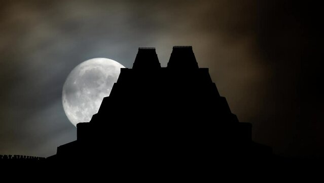 The Main Temple o Templo Mayor: the Aztec Pyramid in Tenochtitlan, Time Lapse by Night with Full Moon