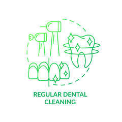 Regular dental cleaning green gradient concept icon. Protect teeth against gum inflammation and disease abstract idea thin line illustration. Isolated outline drawing. Myriad Pro-Bold font used