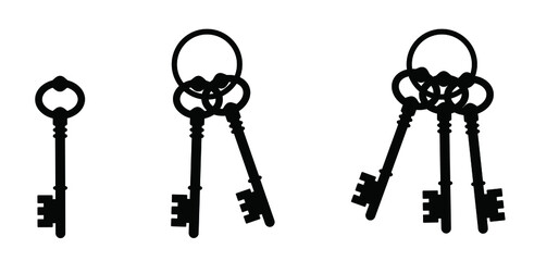 bunch of keys. Vector cartoon old antique ornate door big key sign. Door keys for close or open door. Doorway pictogram. Exit or entry Home, house, hotel. Lock, unluck privacy. 