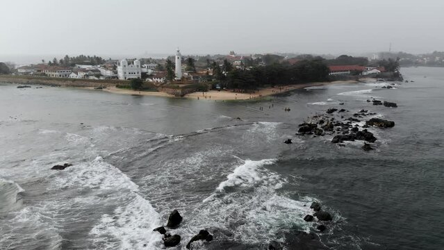 Aerial view of the ocean shore at old city Galle in Sri Lanka