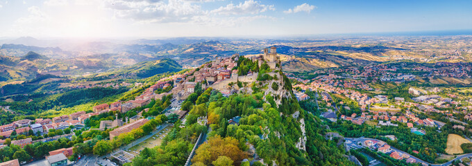  Rocca della Guaita, the most ancient fortress of San Marino, Italy. Great panorama from above.
