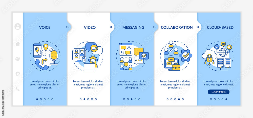 Poster ucaas functions blue and white onboarding template. communication system. responsive mobile website 
