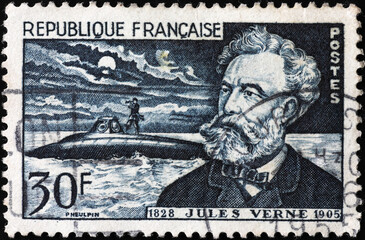 Jules Verne portrait on vintage postage stamp