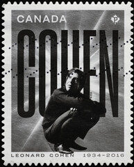 Leonard Cohen portrait on canadian postage stamp