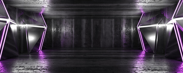 empty dark metal and concrete basement with futuristic violet and white laser light 3d render illustration