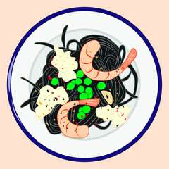 Black pasta with shrimps, cheese and green pea, vector illustration