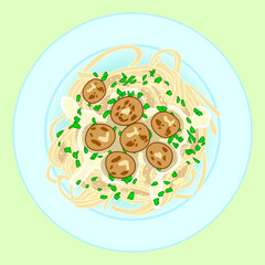 Pasta with spagetti, meatballs and herbs, vector illustration