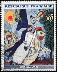 Painting by Marc Chagall on french postage stamp - obrazy, fototapety, plakaty