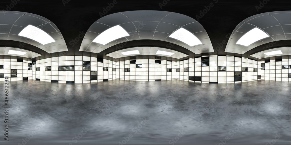 Poster 360 degree full panorama environment map of empty hall with tile pattern walls glossy concrete floor