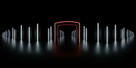 360 degree full panorama of dark futuristic environment with laser led lights and red gate 3d render illustration hdri hdr vr virtual reality content
