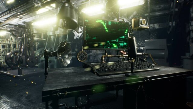 Vintage old terminal to control a vintage steampunk style factory. The concept of steampunk machines and mechanisms. The animation is perfect for vintage, fantasy and technology backgrounds.