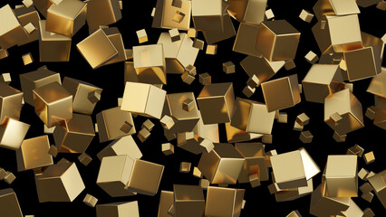 3d golden cube on black background. Decorative pattern design with shine metal cube