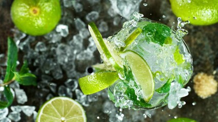 Super slow motion. Refreshing mojito cocktail in a glass on black stone table, macro shot. - Powered by Adobe