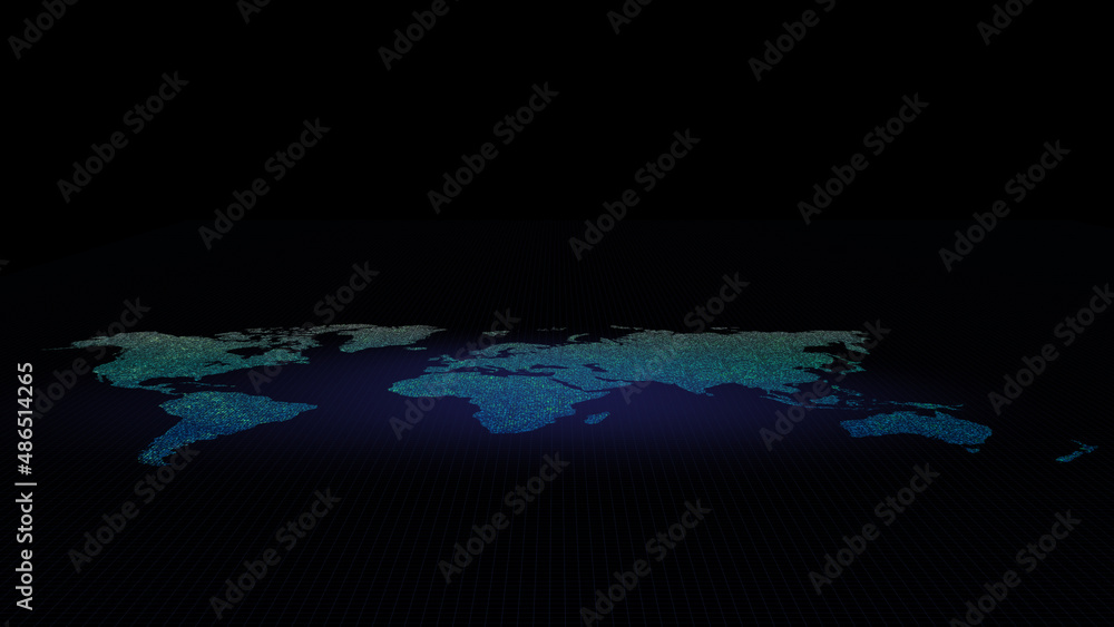 Poster futuristic global map continents, cartography in abstract particles illustration. world map element 