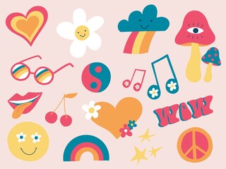 Naklejka premium Hippie retro vintage icons in 70s-80s style.