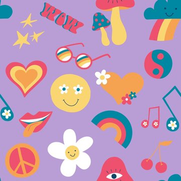 Seamless pattern with cute retro groovy elements. Vintage texture for kids textile, wrapping paper. 