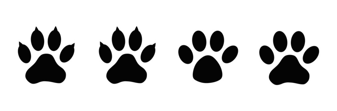 Dog and cat paw prints collection, paw icon set black icon