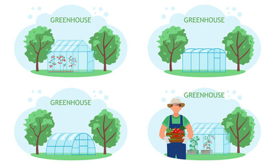 Greenhouse eco farm agriculture vector illustration set. Man farmer with homemade vegetables in his hands on the background of a greenhouse. Vector illustration. Plants growing inside glass greenhouse