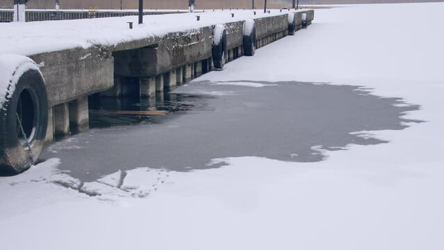 Wooden Sled on Thin Ice Lake, Danger of Drowning in Ice-Hole in Winter