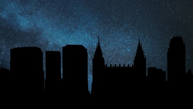 Skyline of Salt Lake City, Utah: Time Lapse by Night with Stars and Milky Way in Background