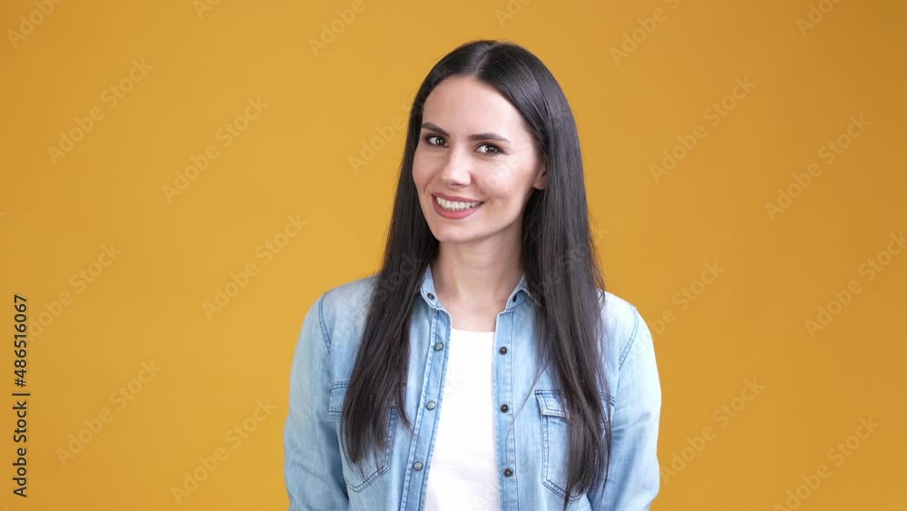 Poster Lady look variants disapprove make thumb-down isolated bright color background