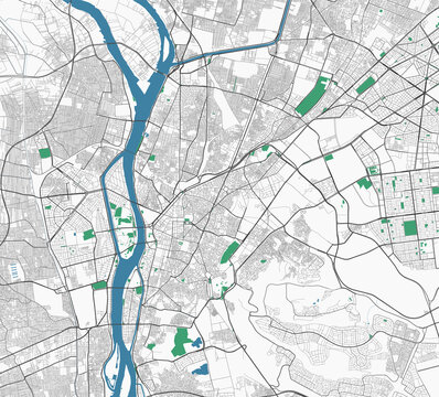 Cairo vector map. Detailed map of Cairo city administrative area. Cityscape panorama illustration. Road map with highways, streets, rivers.