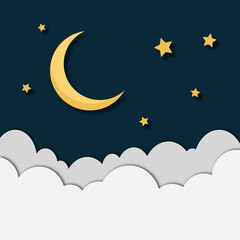 Obraz na płótnie Canvas Moon, stars and cloud. Yellow moon and stars isolated. Paper Sky with clouds and moon background design. Vector stock.