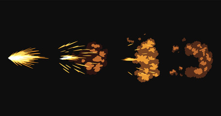 Gun flashes or gunshot animation. Cartoon flash effect of bullet starts with smoke and sparkles. Fire explosion effect during shot with gun. Shotgun fire, muzzle flash and explode - obrazy, fototapety, plakaty