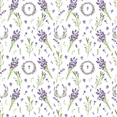 Lavender flower seamless pattern isolated on white background. Watercolor hand painted purple  floral illustration. For print, card, wallpaper, packaging, invitation, fabric