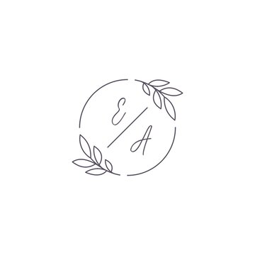 Initials EA monogram wedding logo with simple leaf outline and circle style