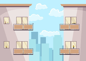 Building balcony, stay home concept. Building with windows side view. Daytime, terrace, house outside without people. Architecture concept