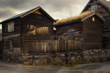 Fototapeta na wymiar Old wooden houses of Norway, with grasses on the roof.