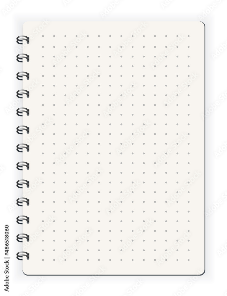 Poster notebook ined dots. sketchbook blank page. notepad vector isolated mockup. blank mock up with shadow