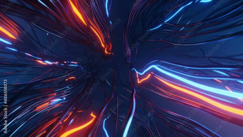 Poster abstract red and blue glowing neon lights line trails background 3d rendering